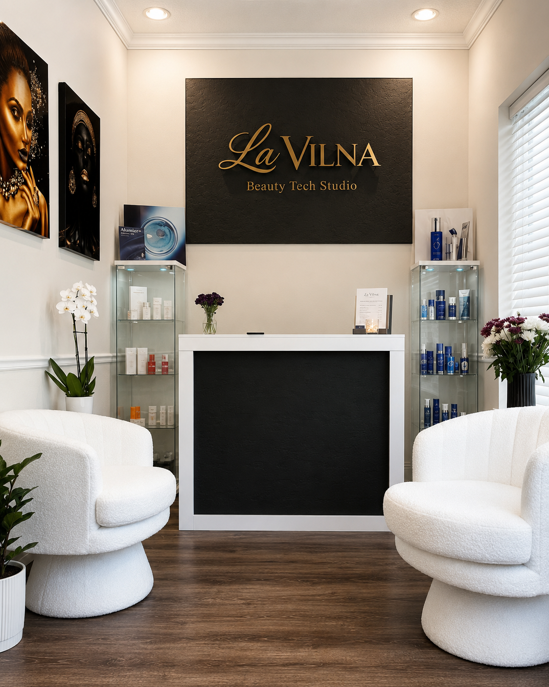 La Vilna Beauty Tech Studio reception with brand signage and white seating